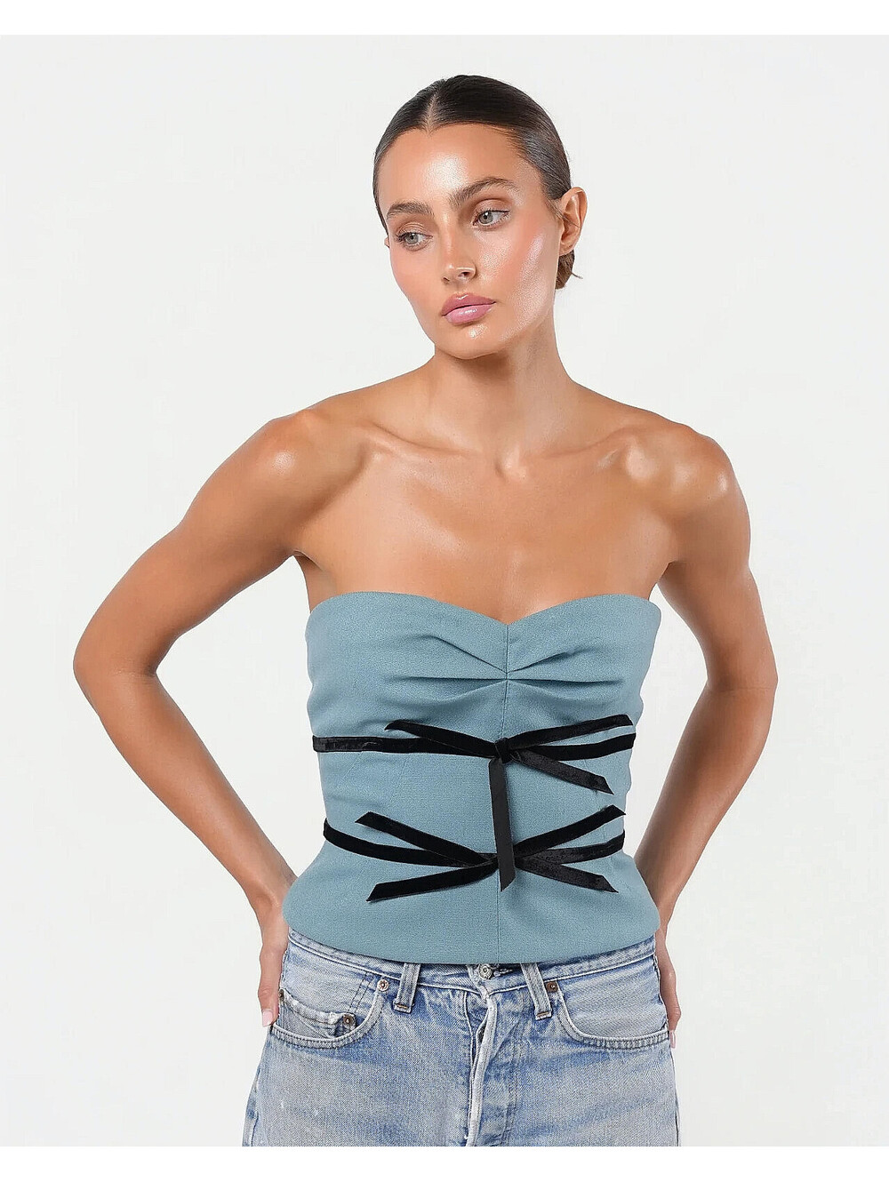 Vintage Louis Vuitton FR-38 Blue Black Bow Wool Bustier Corset Top Strapless